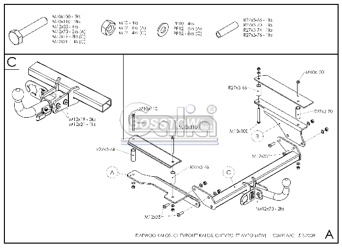 Anhängerkupplung für Chevrolet-Kalos Limousine 4trg., Baureihe 2002-2006 starr