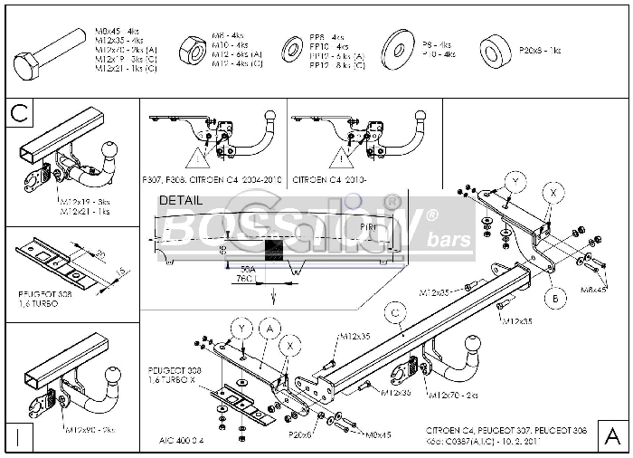 Anhängerkupplung für Citroen-C4 5 türig, Baureihe 2004-2007 starr