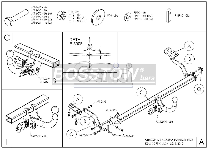 Anhängerkupplung für Citroen-C4 Picasso u. Gran Picasso, Baureihe 2006-2011 starr