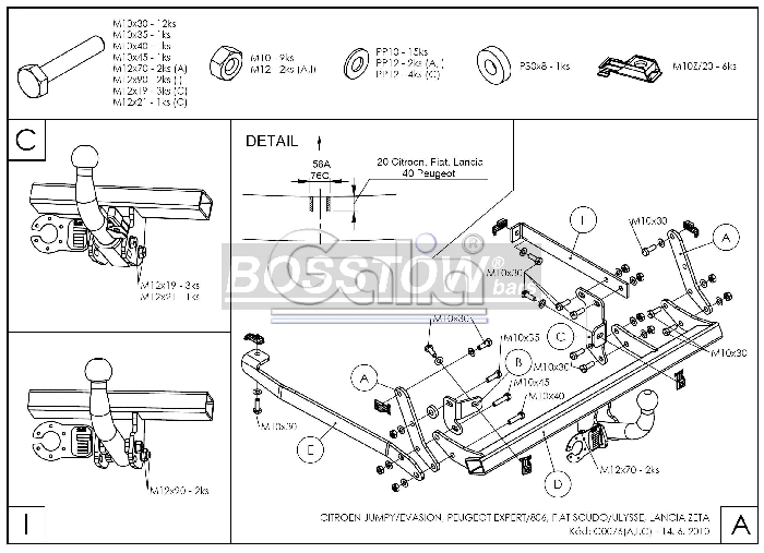 Anhängerkupplung für Citroen-Evasion U6, Baureihe 1994-2002 starr