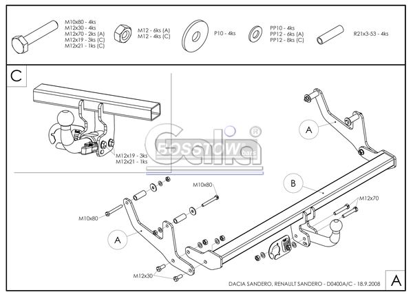 Anhängerkupplung für Dacia-Sandero Stepway, nicht LPG, Baureihe 2009-2012 starr