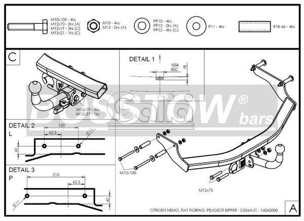 Anhängerkupplung für Fiat-Fiorino Kasten, nicht für Gas-Fahrzeuge, Baureihe 2008- starr