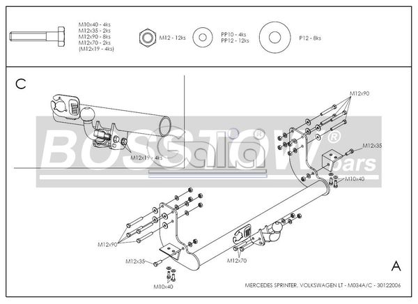 Anhängerkupplung für Mercedes-Sprinter Kastenwagen Heckantrieb 408-416, Radstd. 4,025 m, Fzg. ohne Trittbrettst., Baureihe 2000-2006 starr