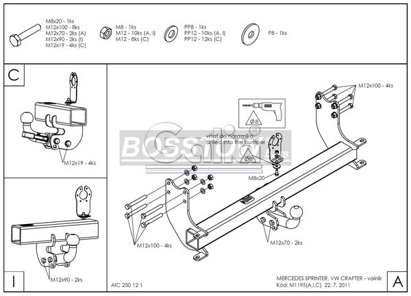 Anhängerkupplung für Mercedes-Sprinter Pritsche Heckantrieb 409-424, Radstd. 4325mm, Baureihe 2006-2018 starr