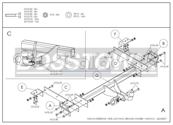 Anhängerkupplung für Nissan-Interstar Kasten, Bus, Kombi, nicht 5,5 t., Baureihe 2002-2004 starr