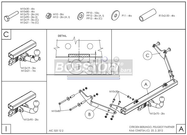 Anhängerkupplung für Peugeot-Partner Kasten/ Bus/ Kombi, Baureihe 2000-2002 starr