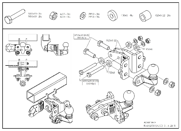 Kugelstange F0706 I/C (für Fiat Doblo) BOSStow Adaptersatz auf Flanschkugel höhenverstellbar