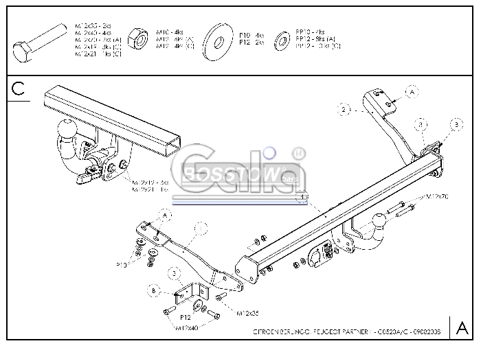 Anhängerkupplung für Citroen-Berlingo Kasten/ Bus/ Kombi, Gesamtlänge: 4380mm, Baureihe 2011-2018 abnehmbar