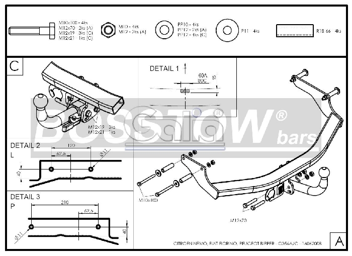 Anhängerkupplung für Fiat-Fiorino Kasten, nicht für Gas-Fahrzeuge, Baureihe 2008- abnehmbar