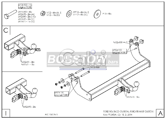 Anhängerkupplung für Ford-Transit Custom Fzg. ohne Elektrosatz Vorbereitung, Baureihe 2019-2023 abnehmbar