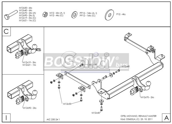 Anhängerkupplung für Opel-Movano Kasten, Bus, Kombi, Frontantrieb, Fzg. mit Elektrosatz Vorbereitung, Baureihe 2010-2014 abnehmbar