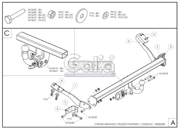 Anhängerkupplung für Peugeot-Partner Kasten/ Bus/ Kombi, Gesamtlänge: 4380mm, Baureihe 2008-2011 abnehmbar