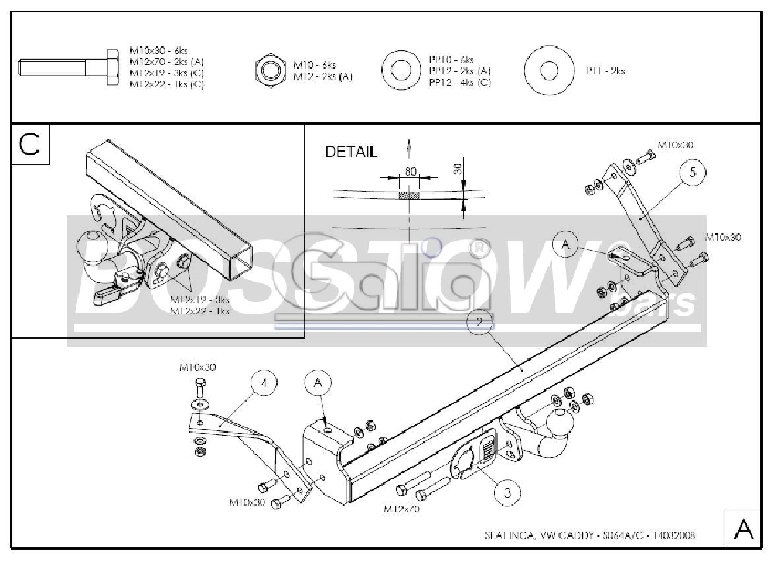 Anhängerkupplung für VW-Caddy II, Kasten/ Bus/ Kombi, Baureihe 1995-2003 abnehmbar