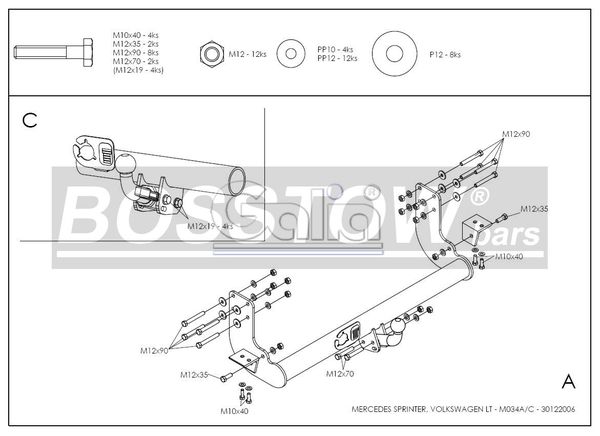 Anhängerkupplung für VW-LT 28-35, Kasten/ Bus, Heckantr. , Radstd. 4,025 m, einzelbereift, ohne Tritt, Baureihe 1995-2006 abnehmbar